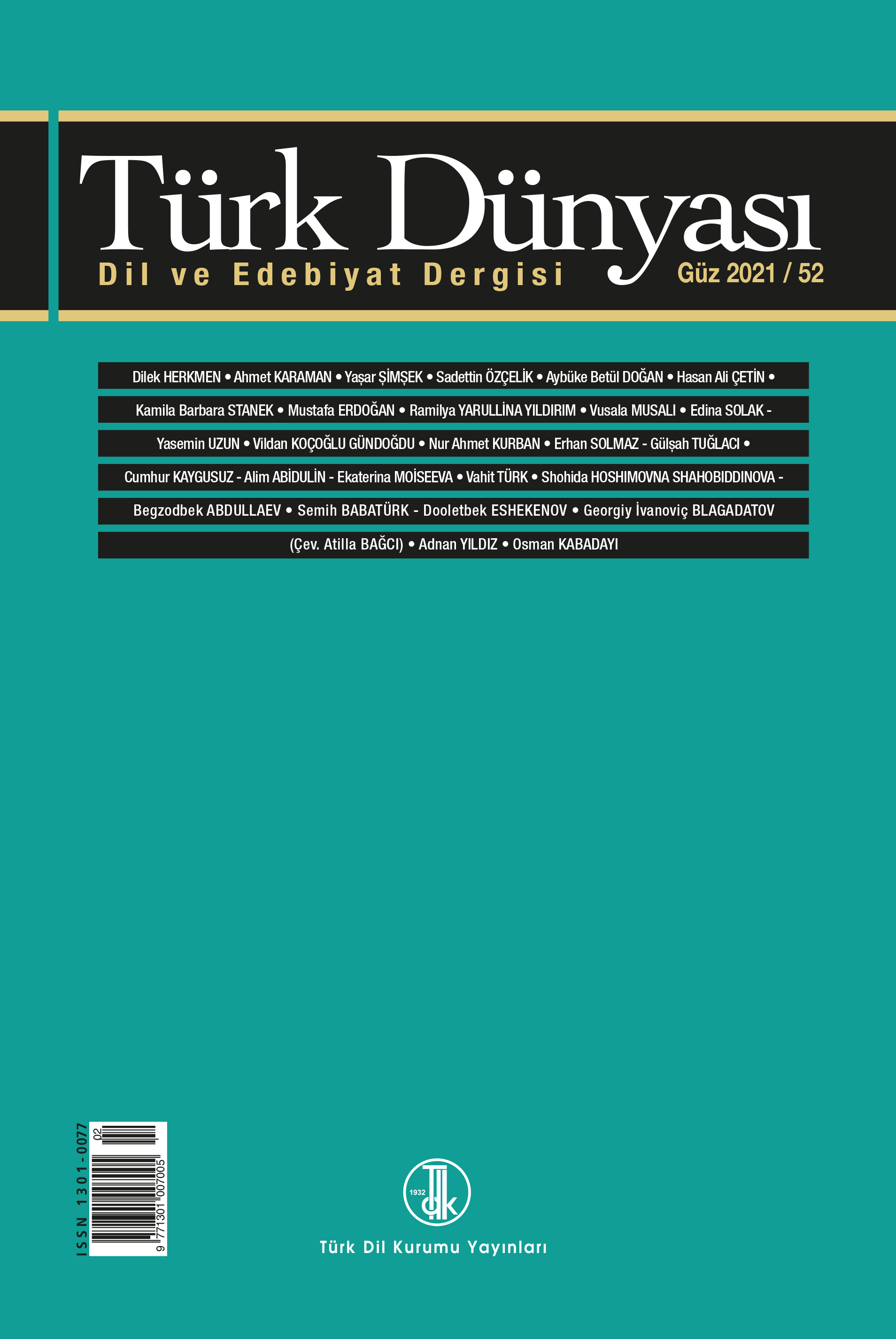 Türk Dünyası Dil ve Edebiyat Dergisi Güz 2021 / 52. sayı, 2021